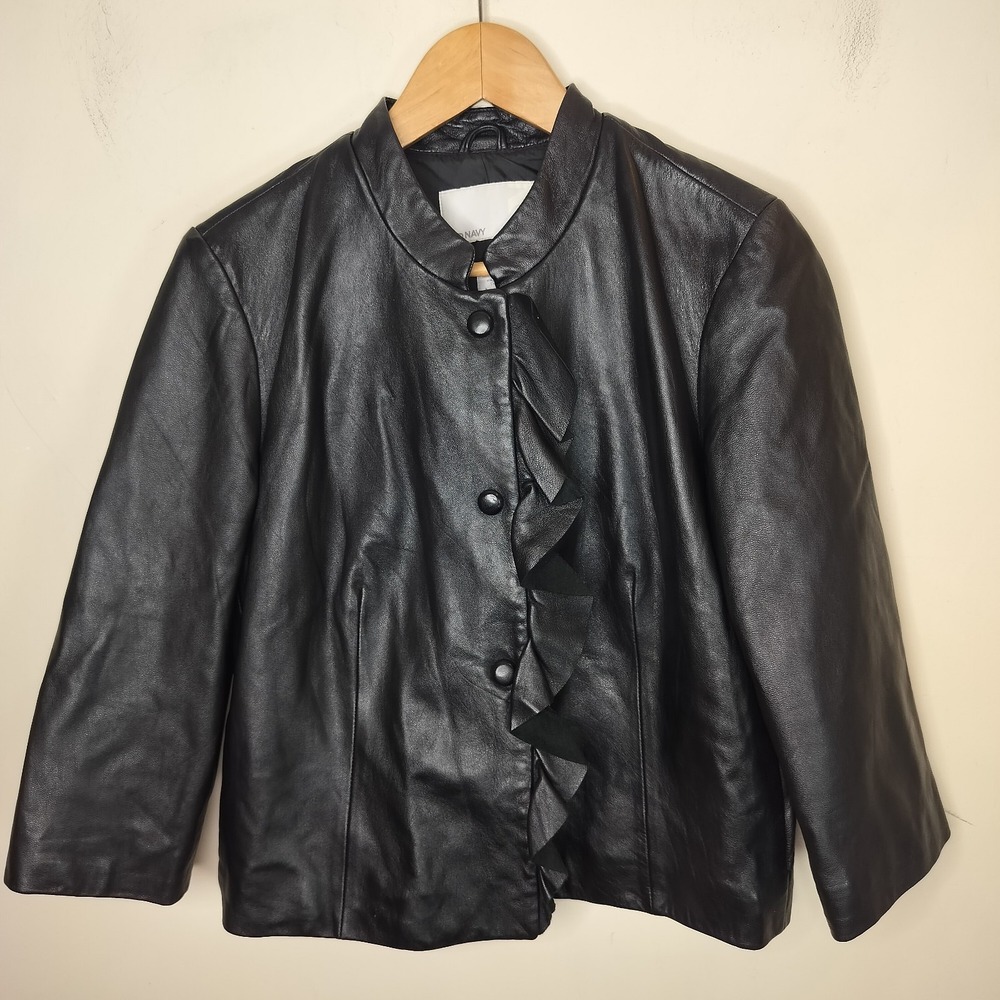 Old Navy Black Leather Jacket Ruffled‎ Button Up 3/4 Sleeves